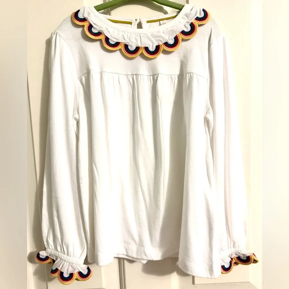 Mini Boden White Long Sleeve Tee with Multicolor Scallop Trim